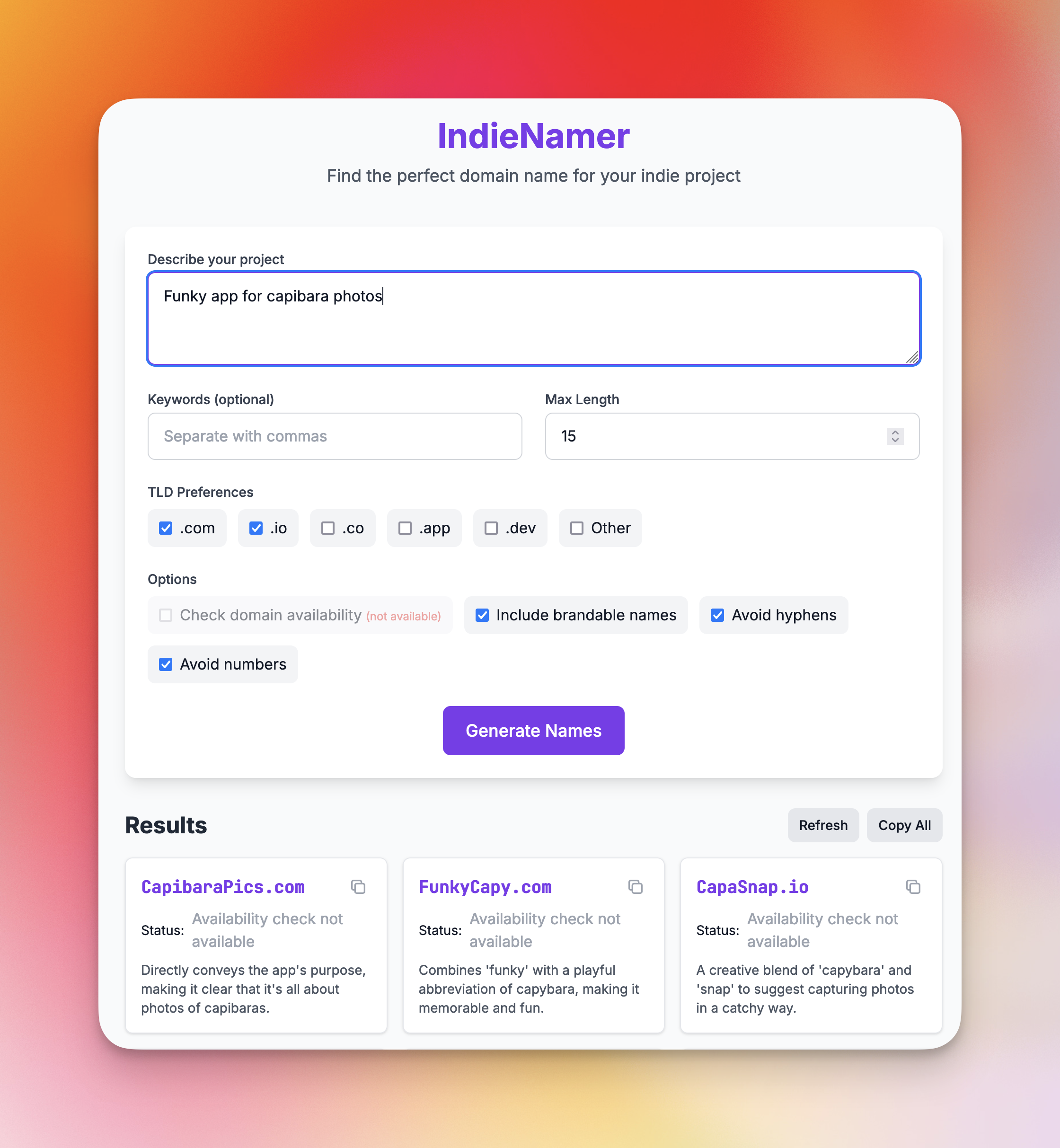 IndieNamer: AI website name generator for indie hackers